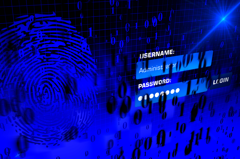 impronta digitale di un pollice in blu con vicino il blocco per inserire username e password