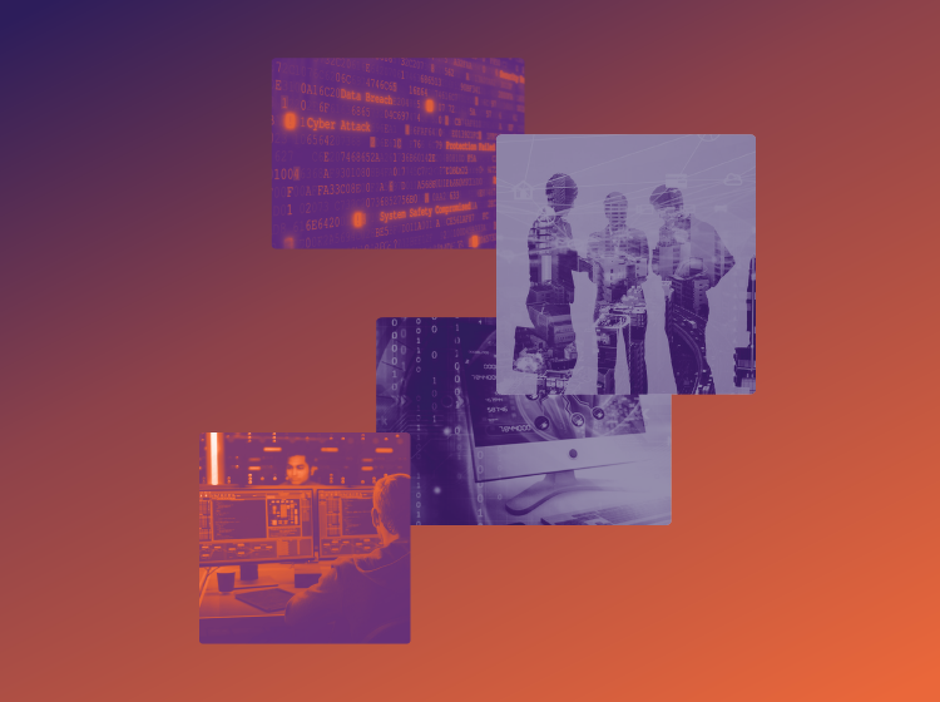 sfondo arancione, 4 immagine: monitor con codice, 3 uomini stilizzati, un pc con numeri e codice e uomini che lavorano al pc