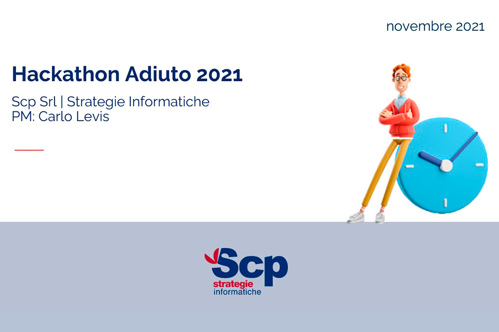 titolo hackathone adiuto 2021 e disegno un ragazzo seduto su un orologio