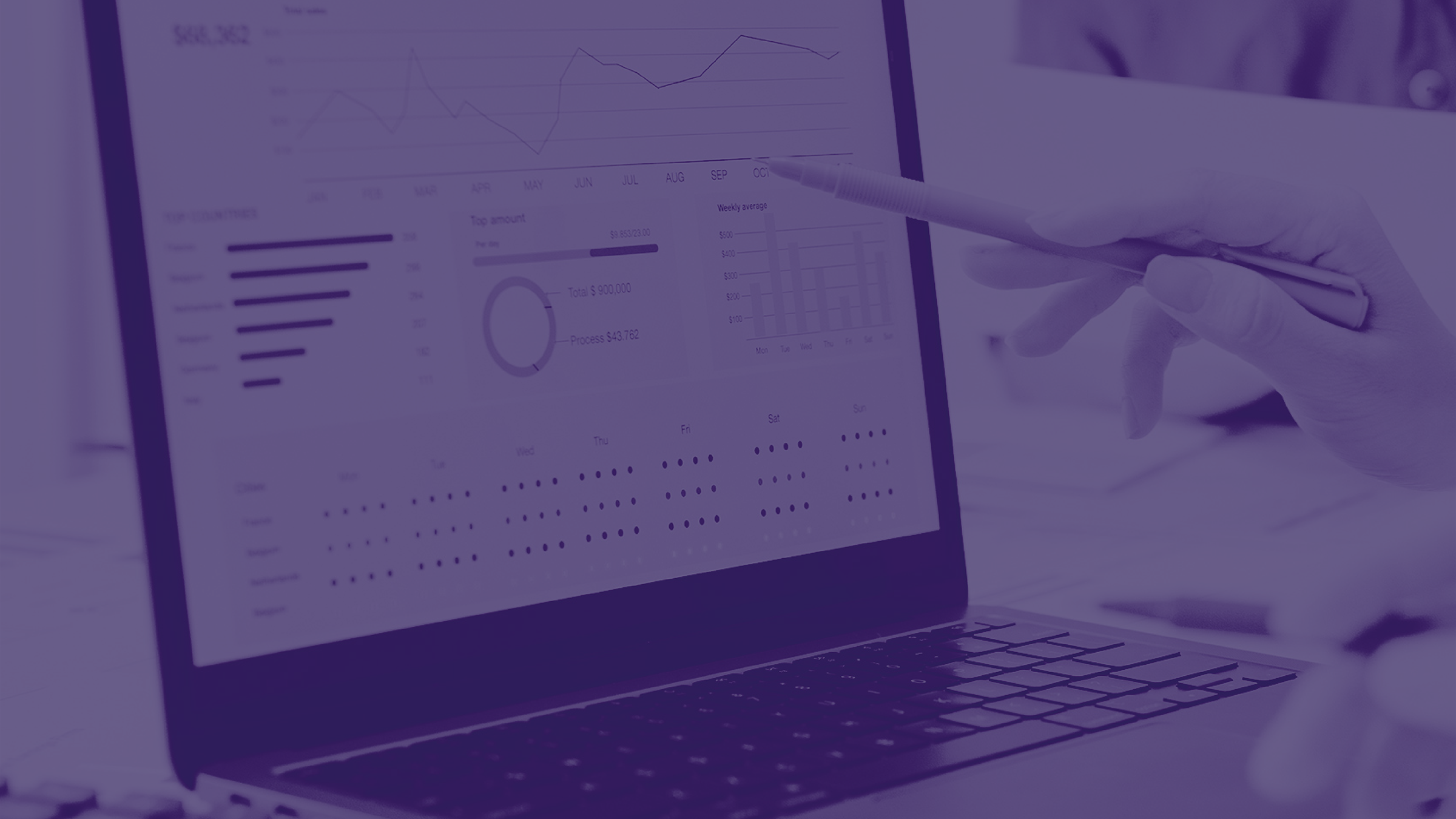 immagine sfondo viola con un pc dove vengono rappresentati dei grafici della Business Intelligence