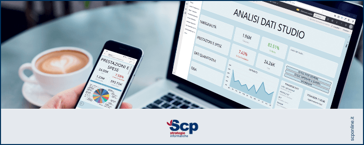 telefono cellulare con grafici di prestazioni e spese e un pc con analisi data studio