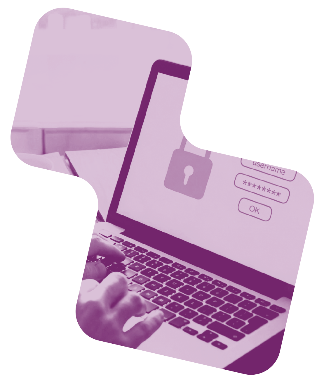 immagine a forma di pixel con gradiente viola chiaro e sullo sfondo un pc dove sul monitor si vede un lucchetto e uno spazio dove aggiungere user e password