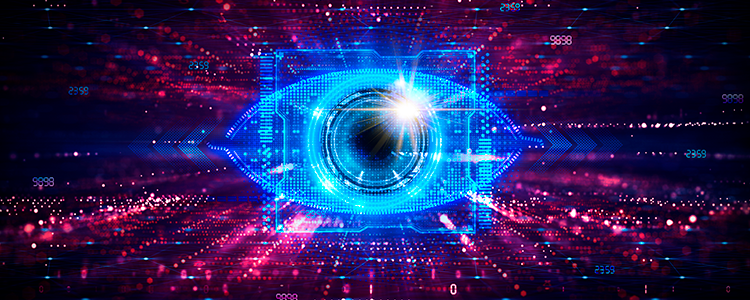 immagine nera con scintillii sul viola e al centro un occhio blu