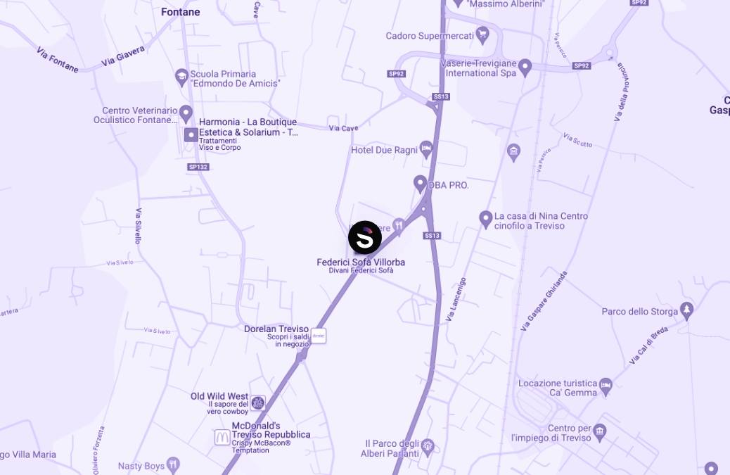 mappa di treviso con sfondo viola e pin sulla sede di Scp Treviso