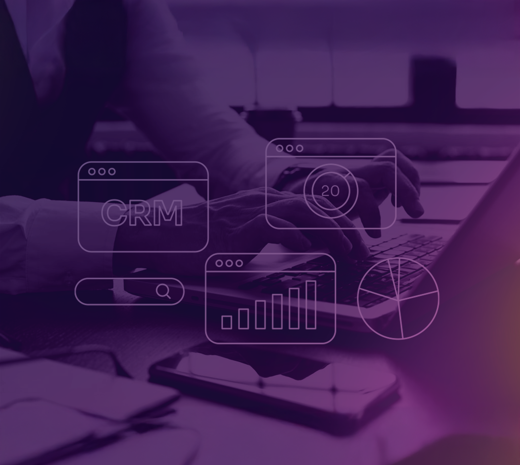 gradiente viola sullo sfondo foto di uomo che scrive ad un pc e davanti ci sono delle icone grafici