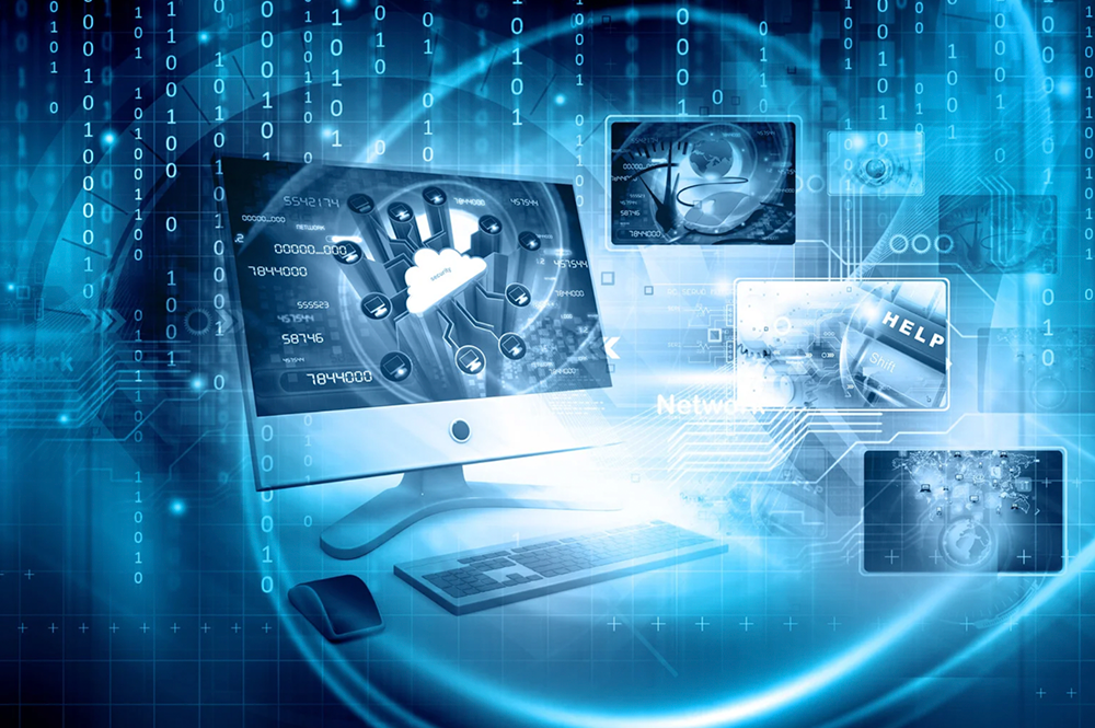 immagine digitale con pc, numero 0 1 nuvola cloud, connessioni