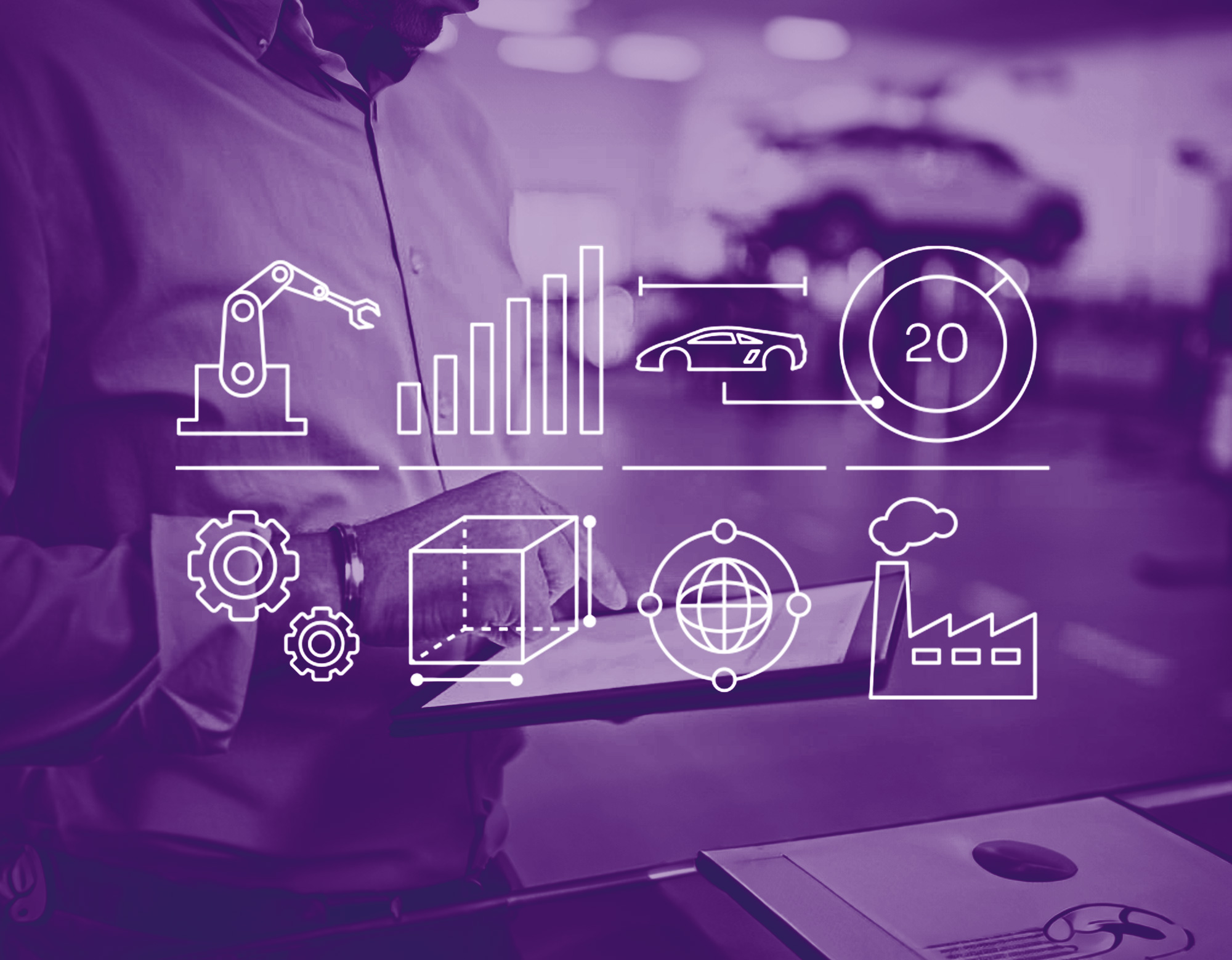 foto con gradiente viola simbologia tipica grande impresa e sullo sfondo uomo con tablet