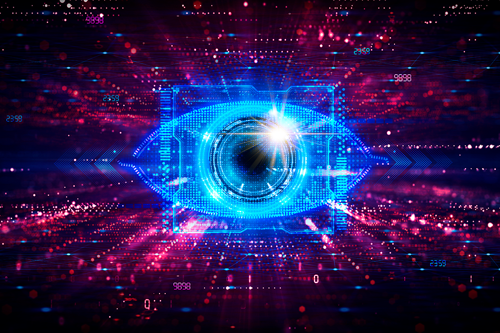 immagine nera con scintillii sul viola e al centro un occhio blu