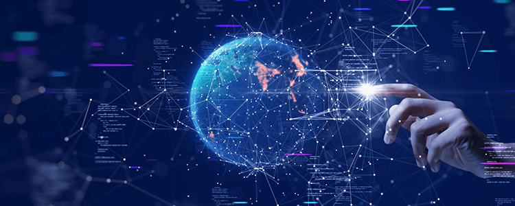 immagine blu che ritrae un mondo e una mano che si connette
