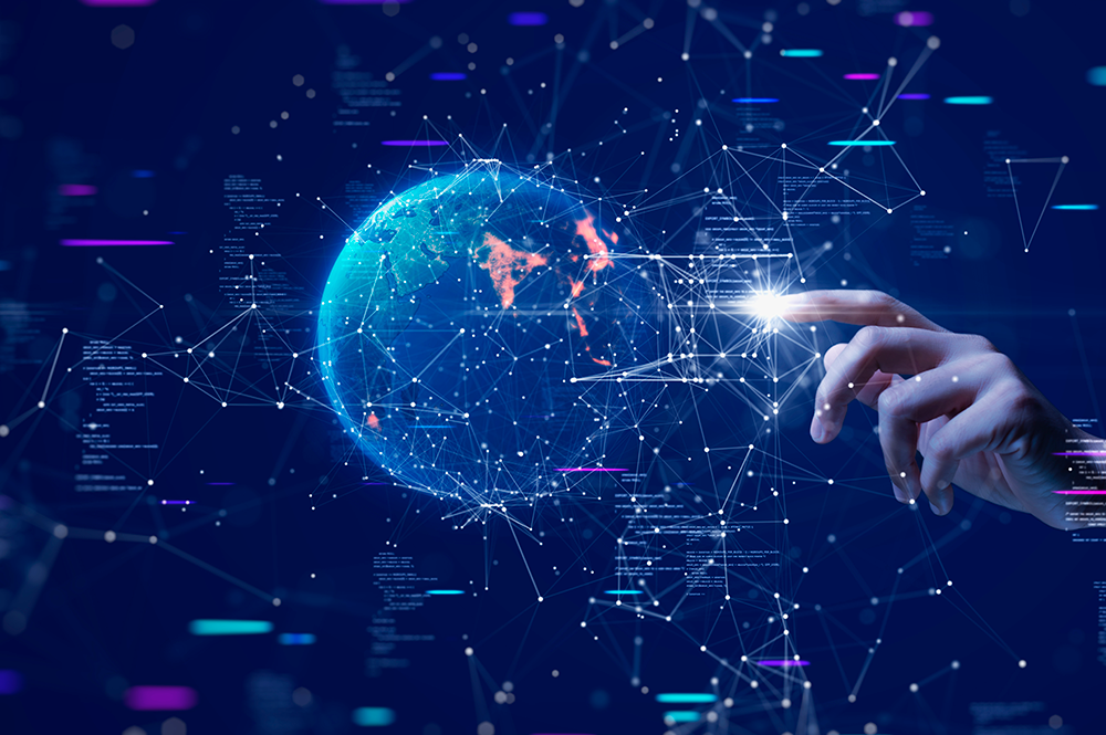 immagine blu che ritrae un mondo e una mano che si connette