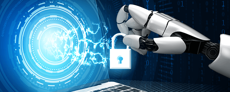 mano di robot che tiene in mano un lucchetto, davanti c'è un pc con uno sfondo blu a cerchi