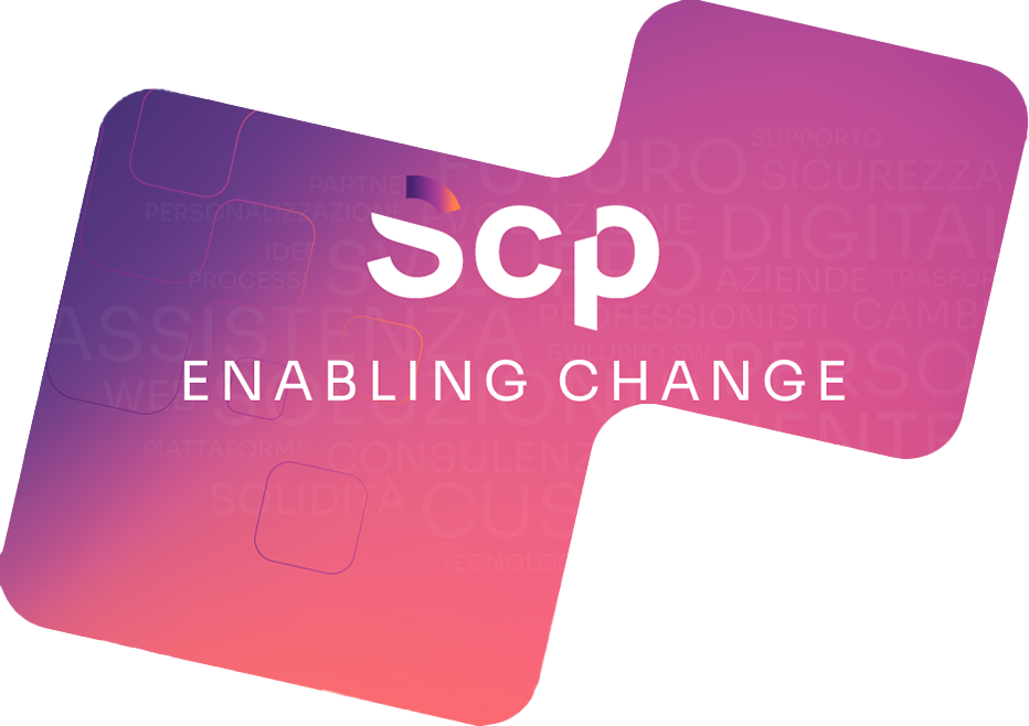 immagine a forma di pixel con gradiente di sfondo e logo Scp con ENABLIN CHANGE nel mezzo