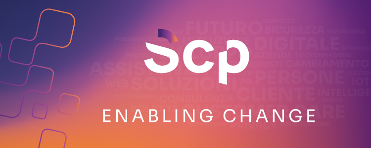 gradiente scp con pixel , parole sullo sfondo, logo Scp e Enabilng Change