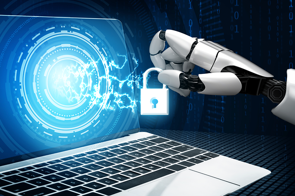 mano di robot che tiene in mano un lucchetto, davanti c'è un pc con uno sfondo blu a cerchi