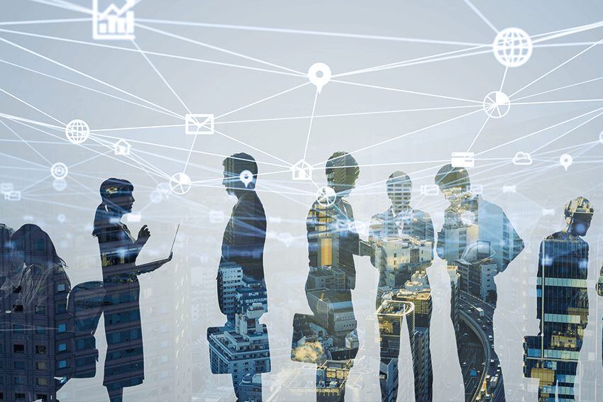 sagoma di persone che lavorano e parlano con segni di connettività