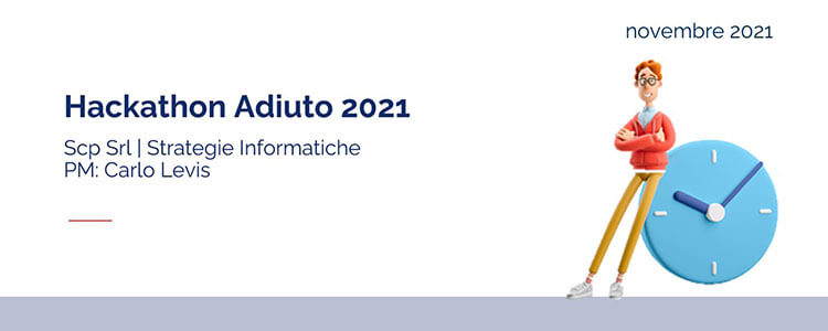 titolo hackathone adiuto 2021 e disegno un ragazzo seduto su un orologio