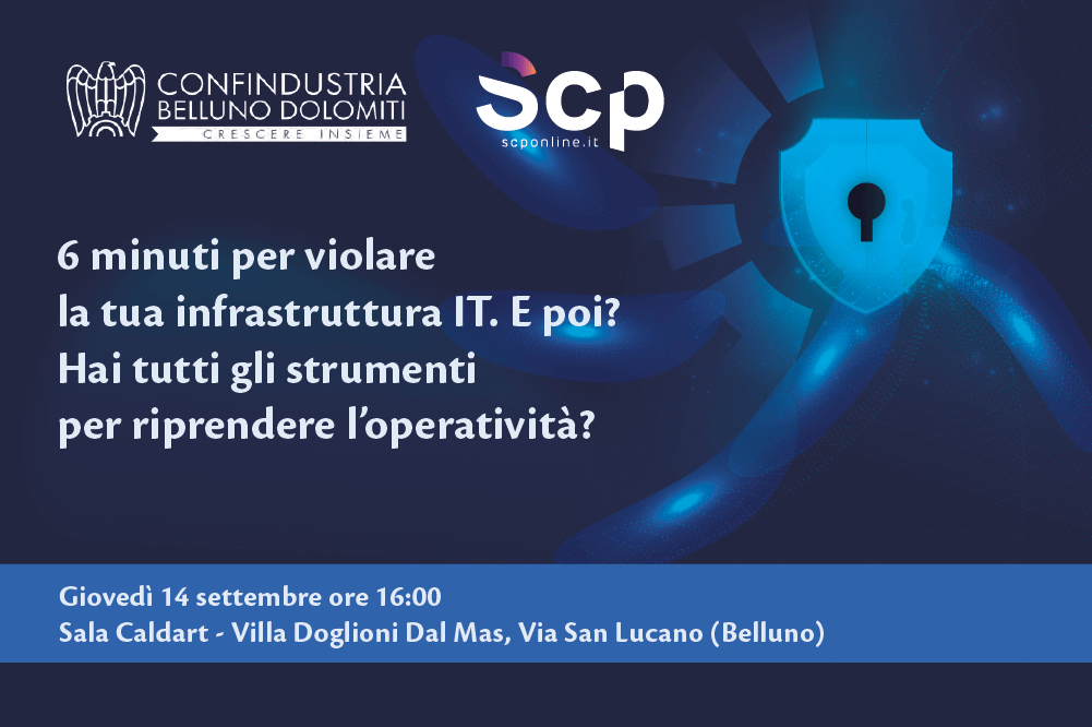 logo confindustria, scp, titolo dell'evento e scudo con lucchetto