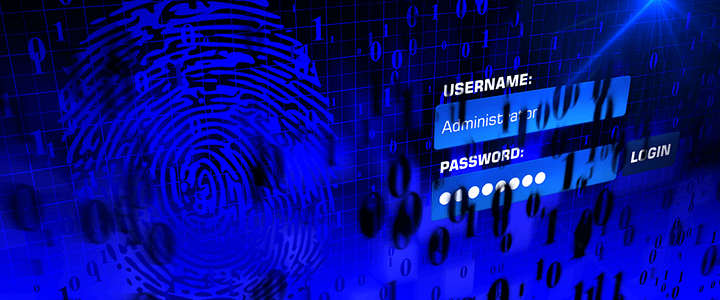 impronta digitale di un pollice in blu con vicino il blocco per inserire username e password